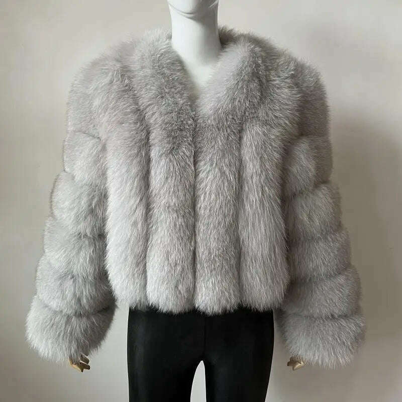 KIMLUD, BEIZIRU Real Fox Fur Coat V-Neck   Winter Woman Natural Warm Fashion  Luxury Girls Ustom Made, light gray / M(45-47kg), KIMLUD Womens Clothes