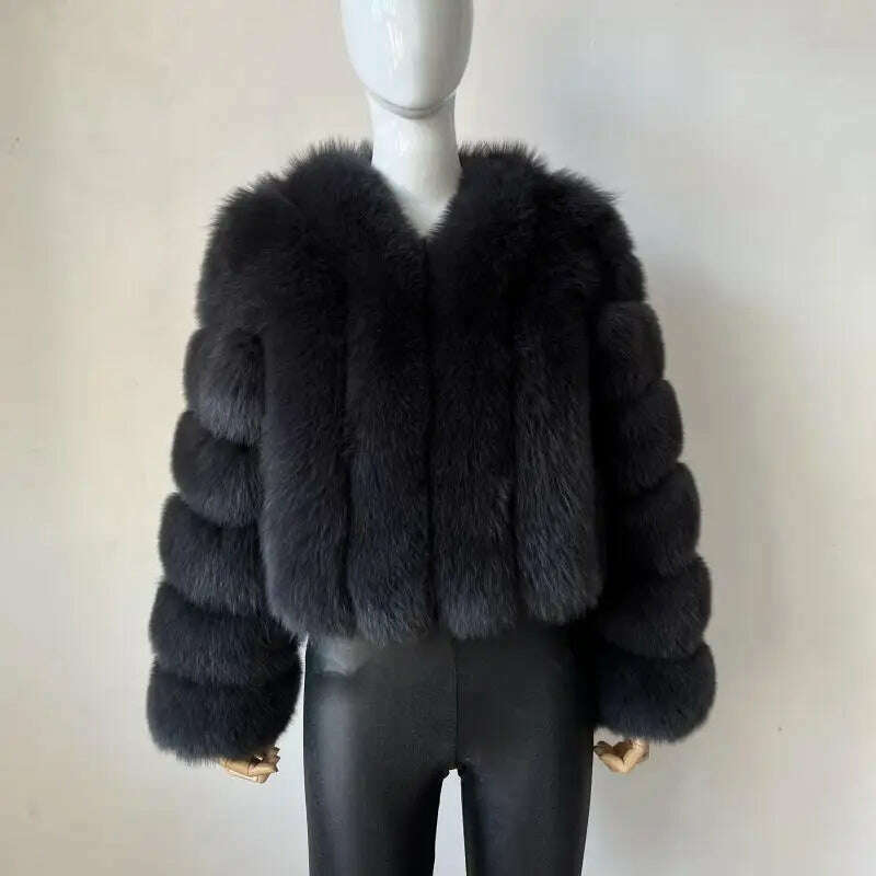 KIMLUD, BEIZIRU Real Fox Fur Coat V-Neck   Winter Woman Natural Warm Fashion  Luxury Girls Ustom Made, deep gray / 5XL(72-77kg), KIMLUD Womens Clothes