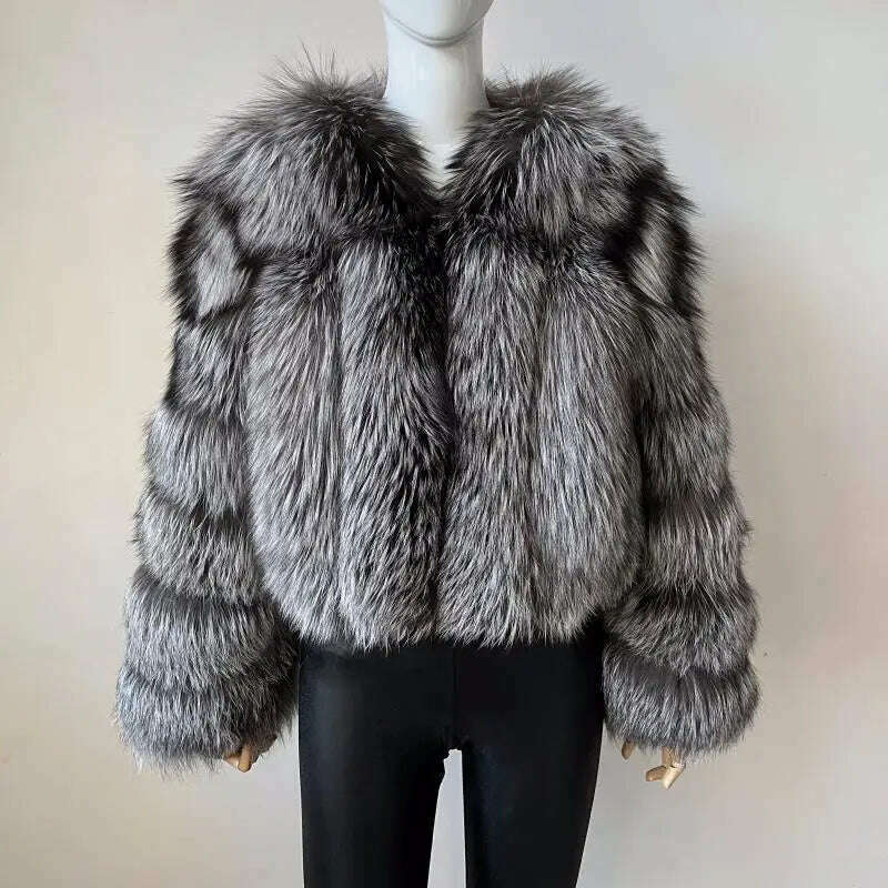 KIMLUD, BEIZIRU Real Fox Fur Coat V-Neck   Winter Woman Natural Warm Fashion  Luxury Girls Ustom Made, silver fox / 3XL(62-67kg), KIMLUD Womens Clothes