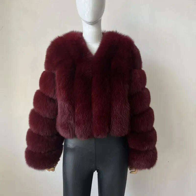 KIMLUD, BEIZIRU Real Fox Fur Coat V-Neck   Winter Woman Natural Warm Fashion  Luxury Girls Ustom Made, wine red / 5XL(72-77kg), KIMLUD Womens Clothes