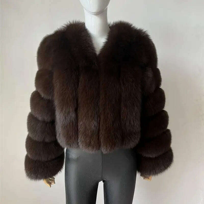 KIMLUD, BEIZIRU Real Fox Fur Coat V-Neck   Winter Woman Natural Warm Fashion  Luxury Girls Ustom Made, brown / M(45-47kg), KIMLUD Womens Clothes