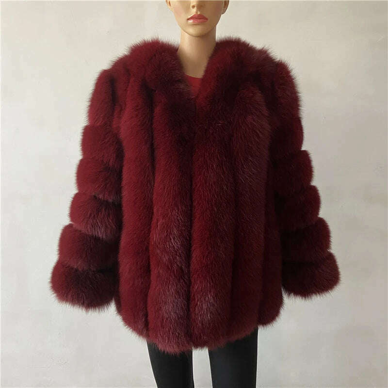 KIMLUD, BEIZIRU Winter Woman Real Fox Fur Coat Warm Fashion Natural  New Luxury Stylelong sleeve fashion girls jacket, wine red / 2XL(Weight60-65kg), KIMLUD Womens Clothes