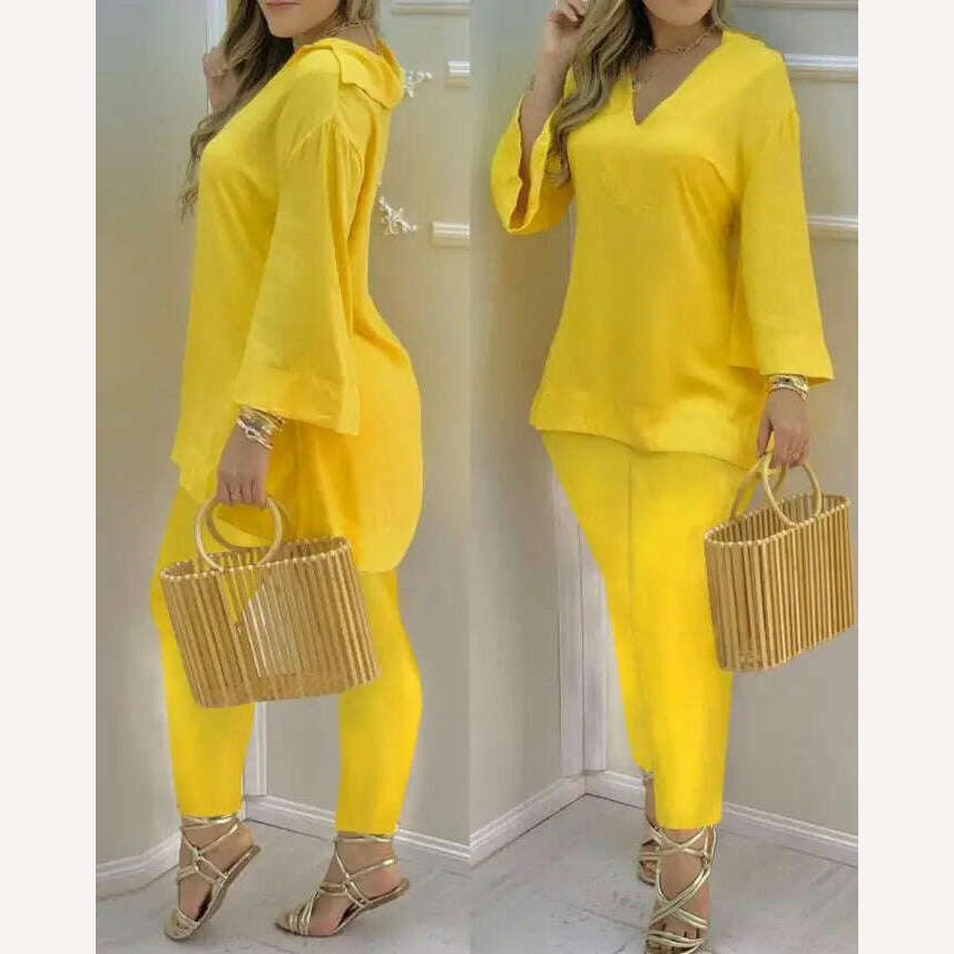 KIMLUD, Bell Sleeve V-Neck Casual Top &amp; Pants Set Two Piece Sets Womens Outifits 2022 Summer Female Fashion Casual Suit, B / S, KIMLUD Womens Clothes
