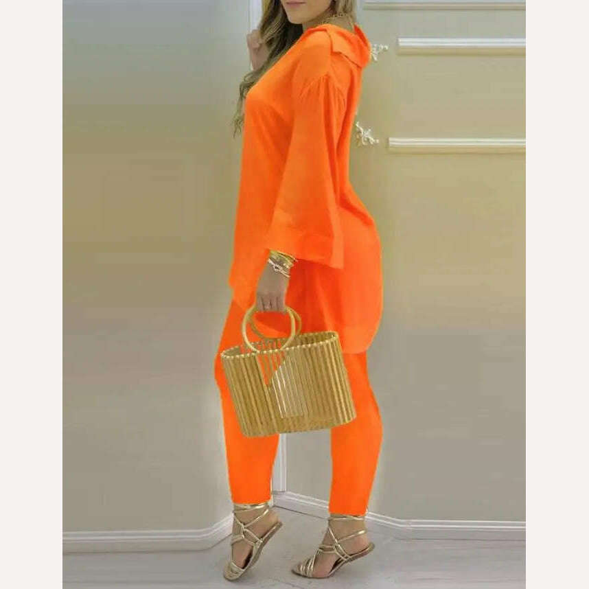 KIMLUD, Bell Sleeve V-Neck Casual Top &amp; Pants Set Two Piece Sets Womens Outifits 2022 Summer Female Fashion Casual Suit, KIMLUD Womens Clothes