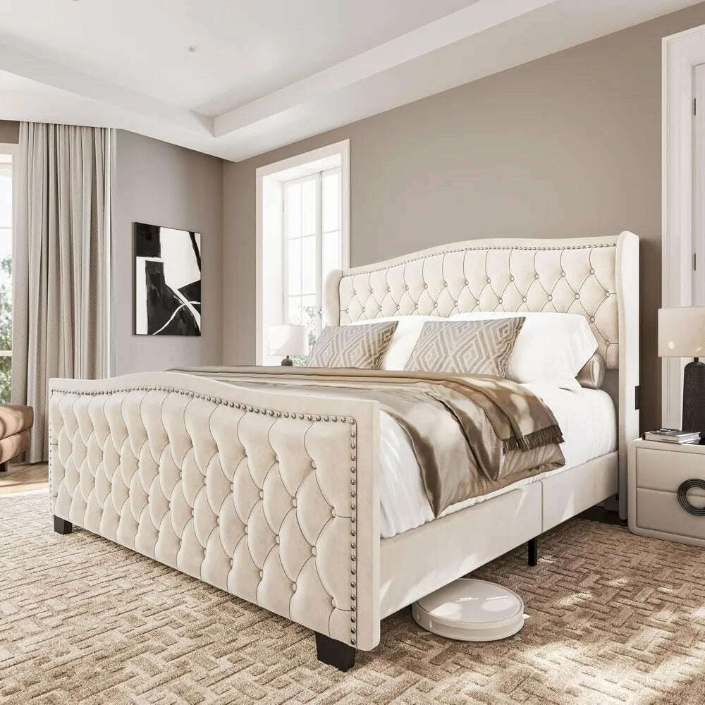 KIMLUD, BELLEZE Upholstered Velvet King Platform Bed Frame with Deep Button Tufted Headboard, Charging Port - Oslo (Beige), United States, KIMLUD APPAREL - Womens Clothes