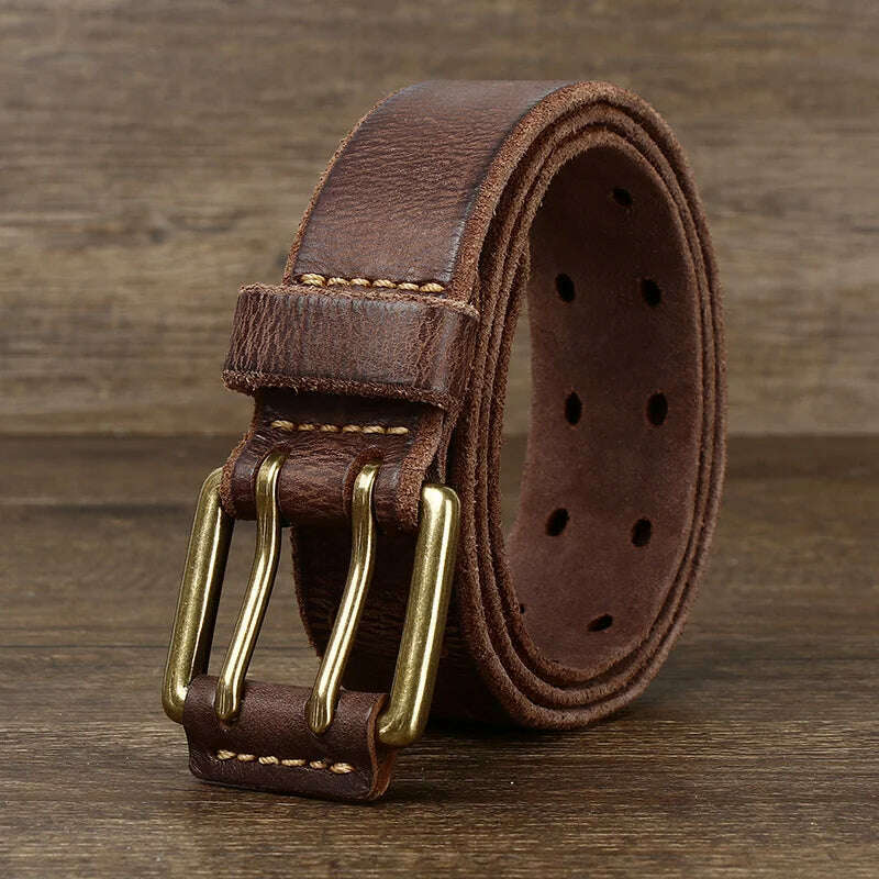 Belt For Men Leather Work Heavy Duty Double Buckles Dlawed Genuine Leather 3.8cm Male Copper Buckle Retro Brown  Men's Belt, KIMLUD Women's Clothes