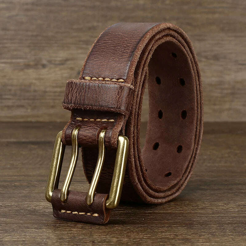 KIMLUD, Belt For Men Leather Work Heavy Duty Double Buckles Dlawed Genuine Leather 3.8cm Male Copper Buckle Retro Brown  Men's Belt, KIMLUD Womens Clothes