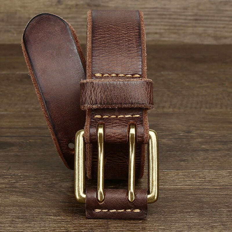 KIMLUD, Belt For Men Leather Work Heavy Duty Double Buckles Dlawed Genuine Leather 3.8cm Male Copper Buckle Retro Brown  Men's Belt, KIMLUD Womens Clothes