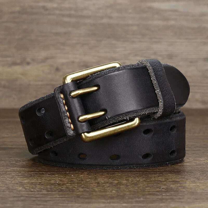 KIMLUD, Belt For Men Leather Work Heavy Duty Double Buckles Dlawed Genuine Leather 3.8cm Male Copper Buckle Retro Brown  Men's Belt, black / 105CM, KIMLUD Womens Clothes