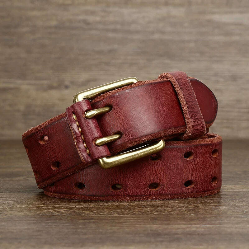 KIMLUD, Belt For Men Leather Work Heavy Duty Double Buckles Dlawed Genuine Leather 3.8cm Male Copper Buckle Retro Brown  Men's Belt, Dark red / 105CM, KIMLUD Womens Clothes