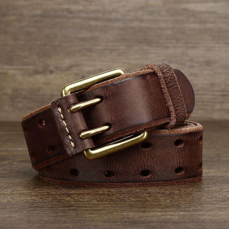 KIMLUD, Belt For Men Leather Work Heavy Duty Double Buckles Dlawed Genuine Leather 3.8cm Male Copper Buckle Retro Brown  Men's Belt, coffee / 105CM, KIMLUD Womens Clothes