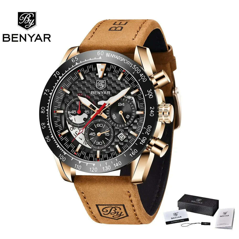KIMLUD, BENYAR Top Brand New Men Watches Leather Strap Luxury Waterproof Sport Quartz Chronograph Military Watch Men Clock Reloj Hombre, GoldBlackL, KIMLUD APPAREL - Womens Clothes
