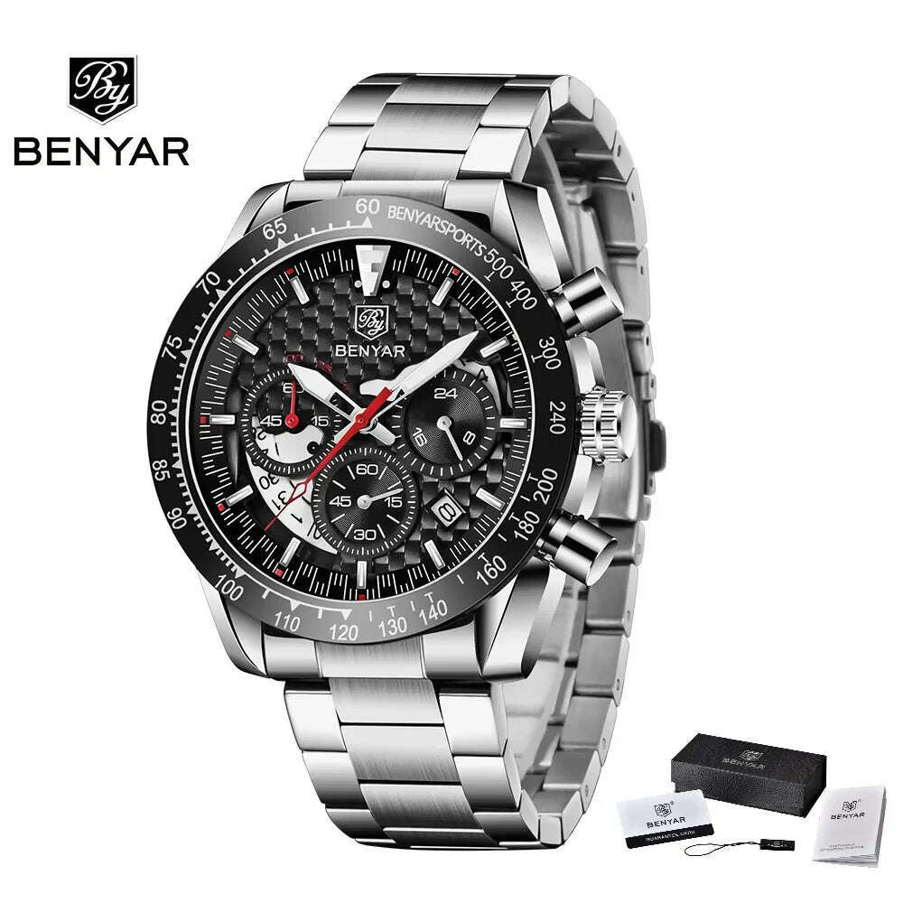 KIMLUD, BENYAR Top Brand New Men Watches Leather Strap Luxury Waterproof Sport Quartz Chronograph Military Watch Men Clock Reloj Hombre, SilverBlackS, KIMLUD APPAREL - Womens Clothes