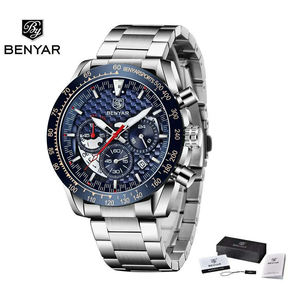 KIMLUD, BENYAR Top Brand New Men Watches Leather Strap Luxury Waterproof Sport Quartz Chronograph Military Watch Men Clock Reloj Hombre, SilverBlueS, KIMLUD APPAREL - Womens Clothes