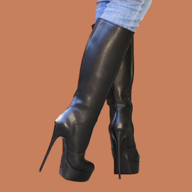BERZIMER Knee High Boots Faux Leather Platform Side Zip Round Toe Stiletto High Heels Boots Shoes Woman Large Size 41 45 52 - KIMLUD