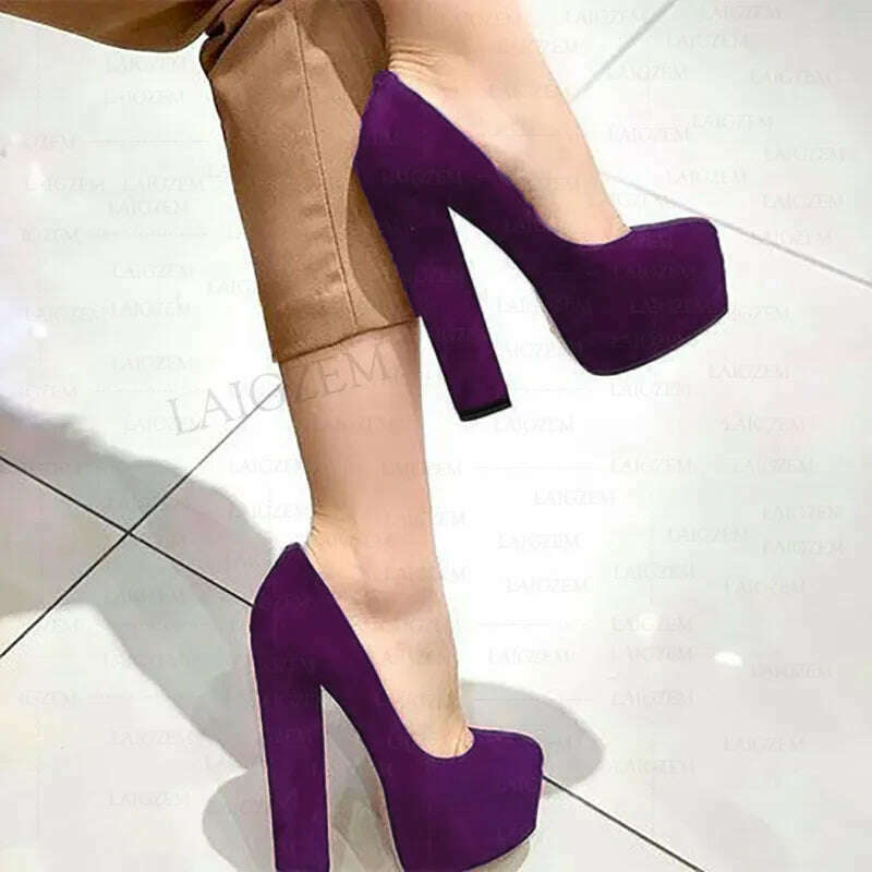 KIMLUD, BERZIMER Women Platform Pumps Faux Suede Slip On Chunky High Heels Sandals Handmade Ladies Shoes Woman Big Size 41 45 47 50 52, LF1392 Purple / 5, KIMLUD Womens Clothes
