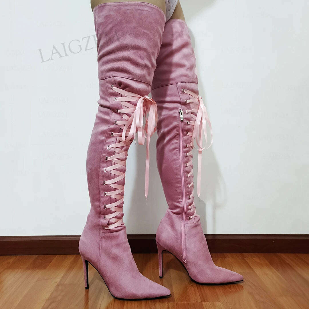KIMLUD, BERZIMER Women Thigh High Boots Faux Suede Stiletto Heels Side Zip Over Knee Boots Pink Purple Shoes Woman Big Size 41 43 44 47, KIMLUD Womens Clothes