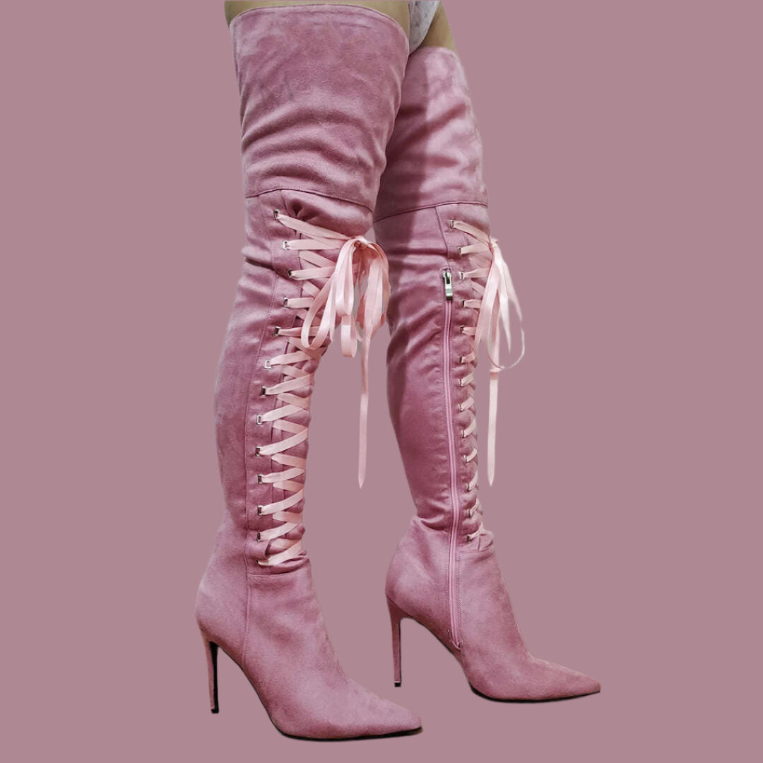 KIMLUD, BERZIMER Women Thigh High Boots Faux Suede Stiletto Heels Side Zip Over Knee Boots Pink Purple Shoes Woman Big Size 41 43 44 47, KIMLUD Womens Clothes