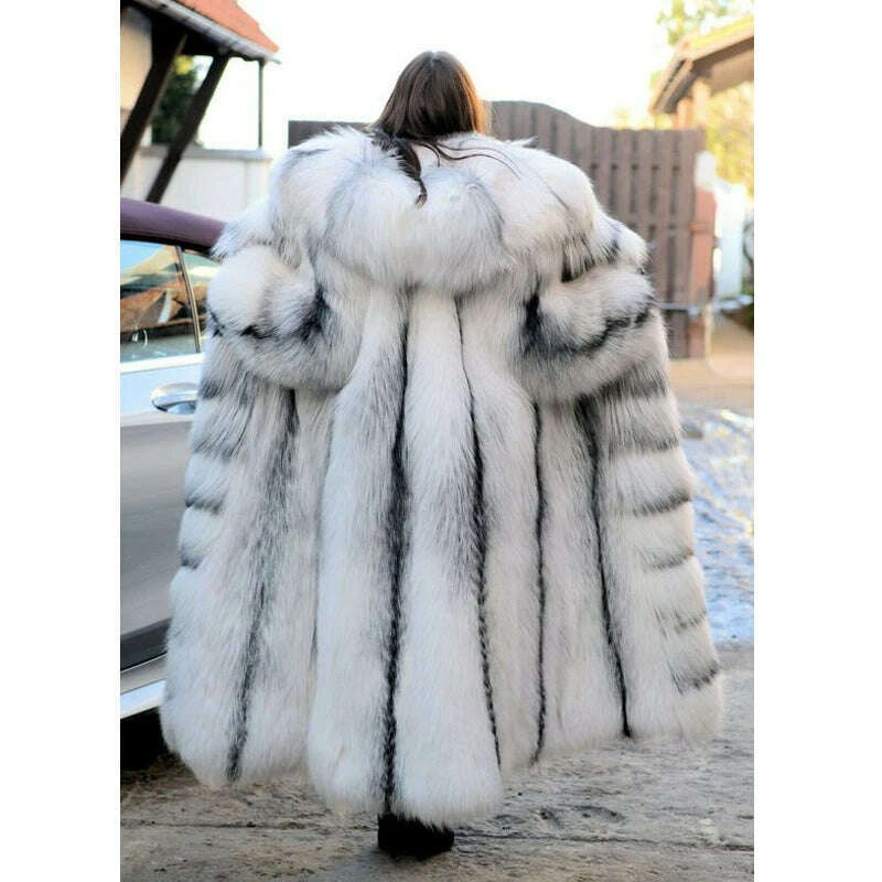 KIMLUD, BFFUR 130CM Long Real Fox Fur Coat With Hood Thick Warm Winter Fashion Genuine Cross Fox Fur Jackets Natural Overcoats Women, KIMLUD Women's Clothes