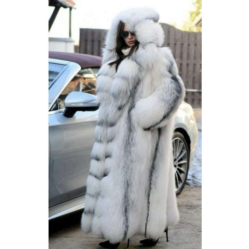 KIMLUD, BFFUR 130CM Long Real Fox Fur Coat With Hood Thick Warm Winter Fashion Genuine Cross Fox Fur Jackets Natural Overcoats Women, KIMLUD Womens Clothes