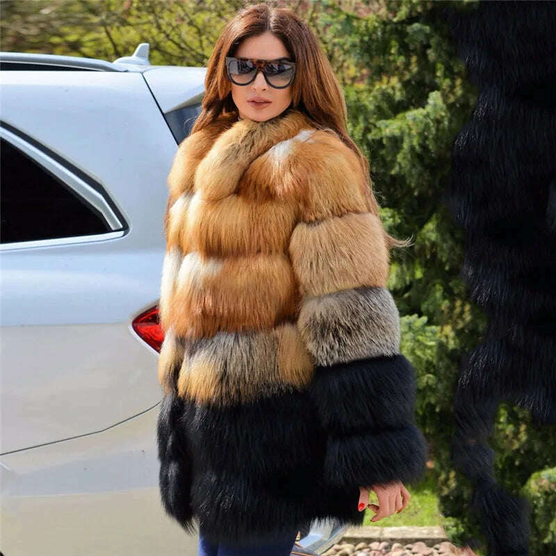 KIMLUD, BFFUR 2022 Fashion Real Fox Fur Coats For Women High Qulaity Whole Skin Natural Genuine Fox Fur Coat Stand Collar Woman Overcoat, as picture / S fur bust 88cm, KIMLUD Womens Clothes