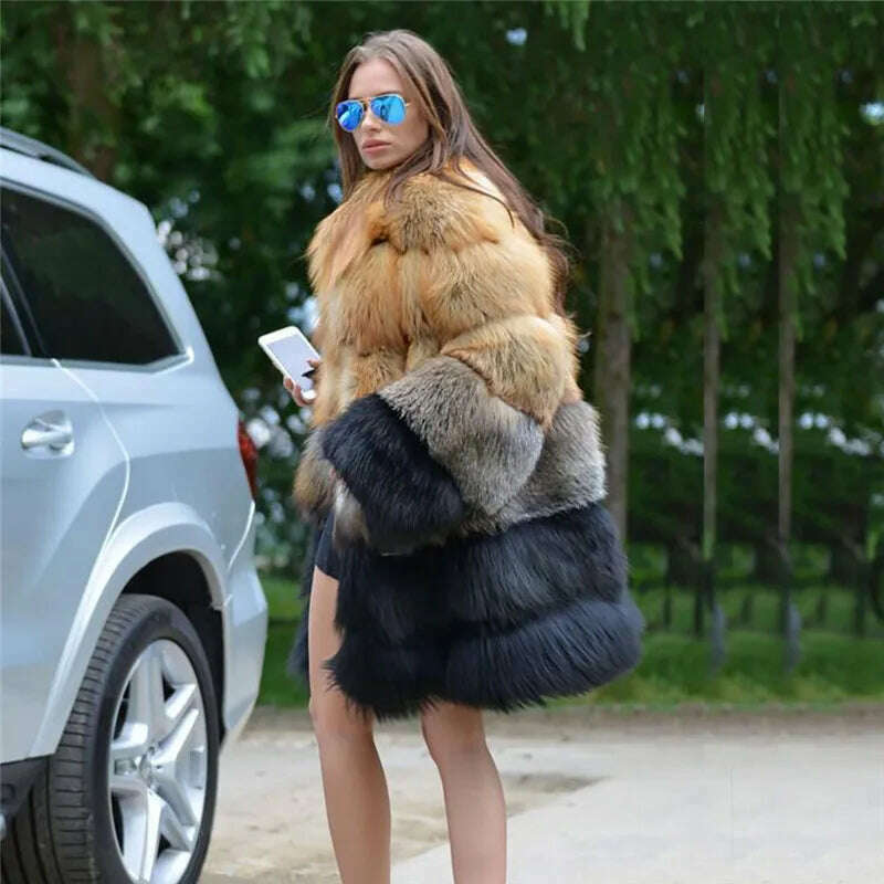 KIMLUD, BFFUR 2022 Fashion Real Fox Fur Coats For Women High Qulaity Whole Skin Natural Genuine Fox Fur Coat Stand Collar Woman Overcoat, KIMLUD Womens Clothes