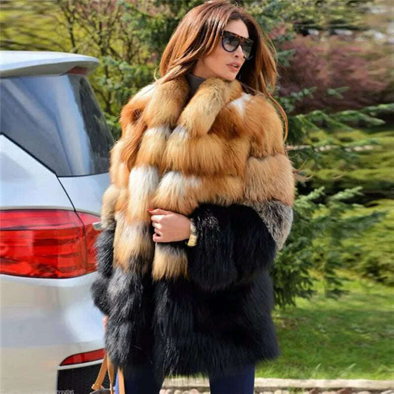 KIMLUD, BFFUR 2022 Fashion Real Fox Fur Coats For Women High Qulaity Whole Skin Natural Genuine Fox Fur Coat Stand Collar Woman Overcoat, KIMLUD Womens Clothes
