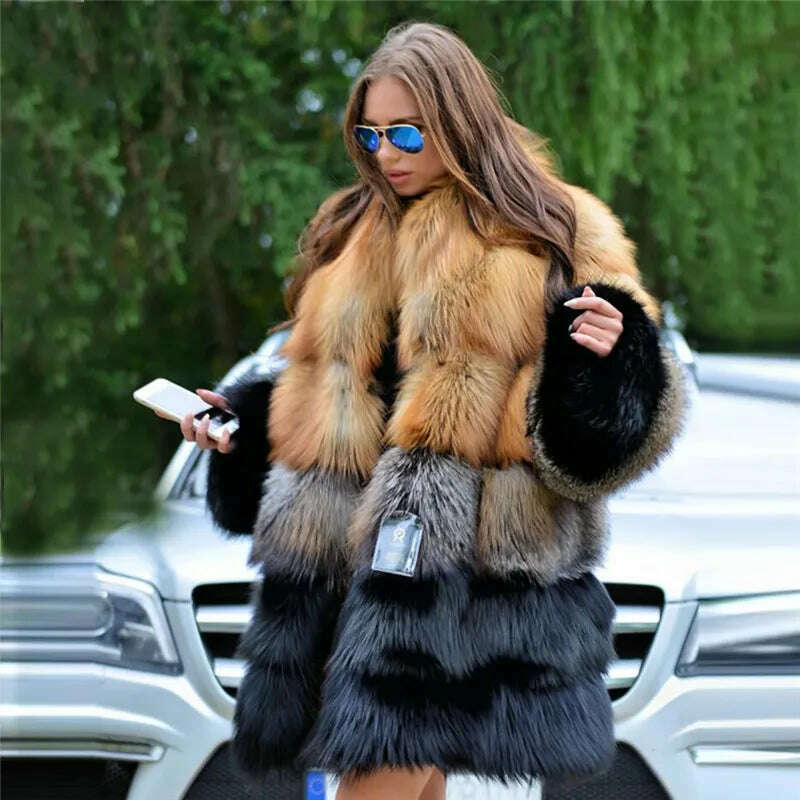 KIMLUD, BFFUR 2022 Fashion Real Fox Fur Coats For Women High Qulaity Whole Skin Natural Genuine Fox Fur Coat Stand Collar Woman Overcoat, KIMLUD Womens Clothes