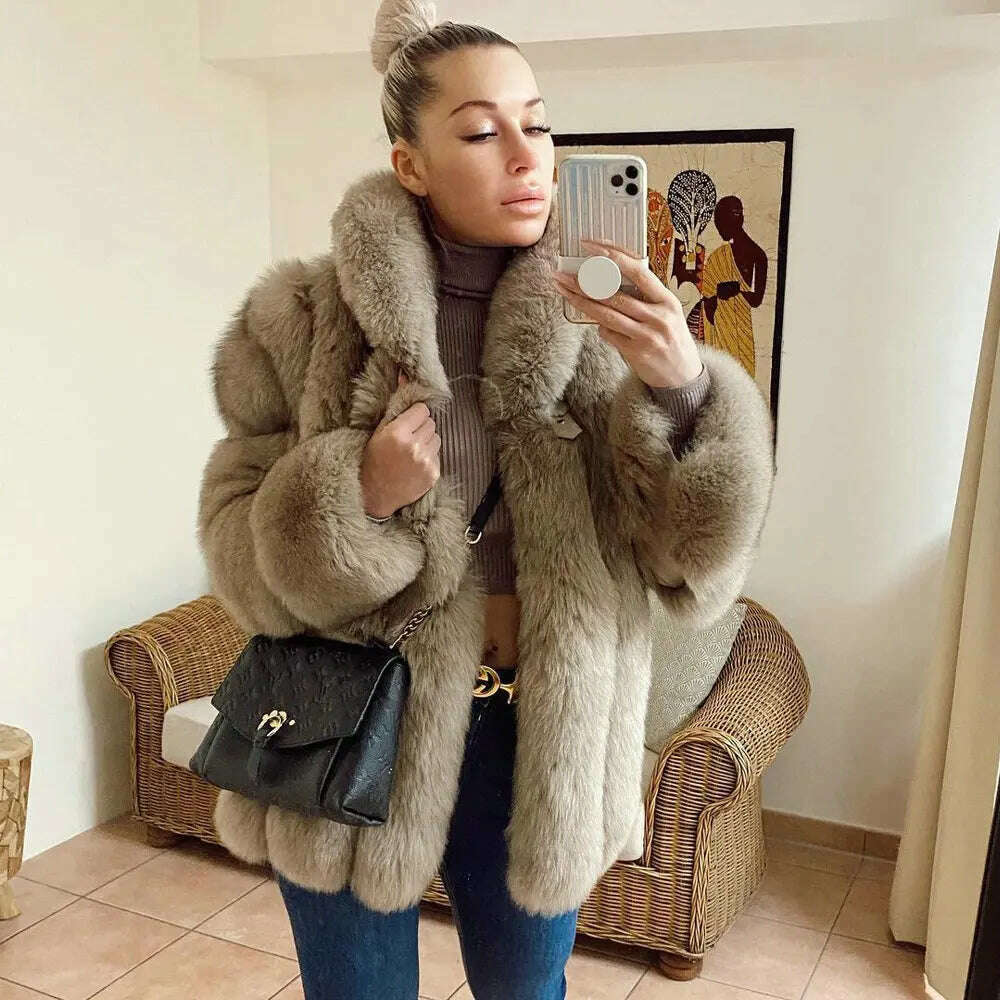 KIMLUD, BFFUR 70cm Long Real Fox Fur Jacket For Women Winter Outwear Fashion New Light Khaki Natural Fox Fur Coat With Lapel Collar, as picture / S fur bust 88cm, KIMLUD Womens Clothes