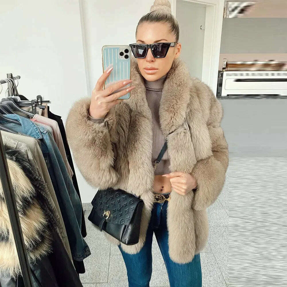 KIMLUD, BFFUR 70cm Long Real Fox Fur Jacket For Women Winter Outwear Fashion New Light Khaki Natural Fox Fur Coat With Lapel Collar, KIMLUD Womens Clothes