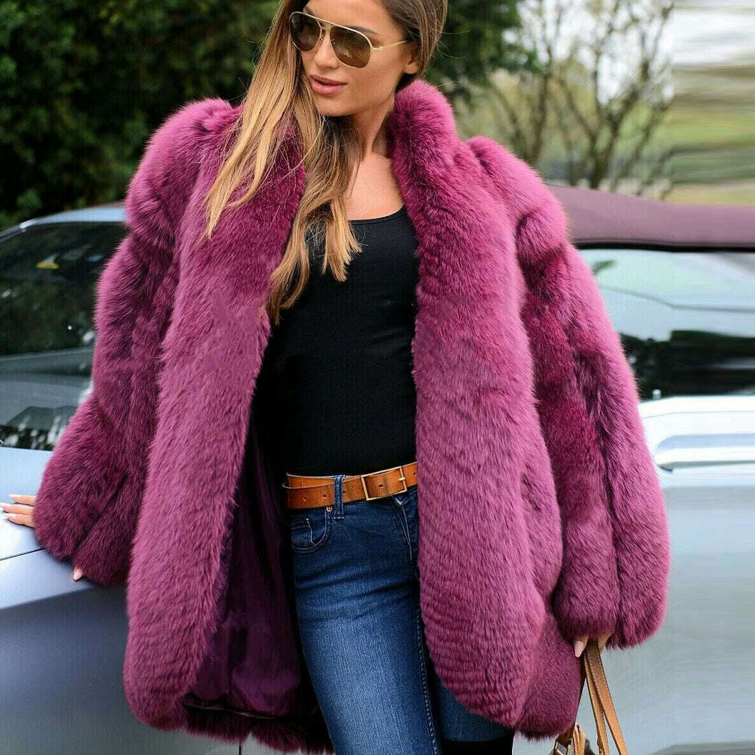 KIMLUD, BFFUR Fashion Purple Natural Fox Fur Coat Women Winter 2022 New Whole Skin Fox Fur Jackets Medium Length Thick Warm Fur Overcoat, KIMLUD Women's Clothes