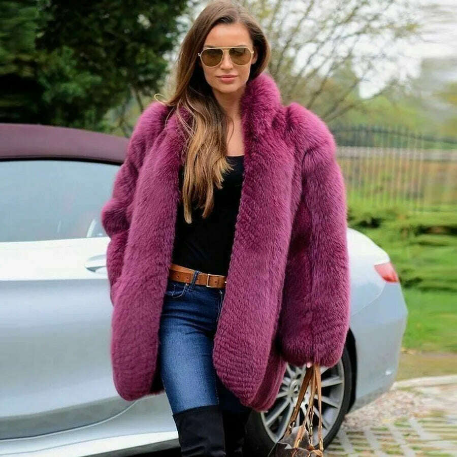 KIMLUD, BFFUR Fashion Purple Natural Fox Fur Coat Women Winter 2022 New Whole Skin Fox Fur Jackets Medium Length Thick Warm Fur Overcoat, KIMLUD Women's Clothes