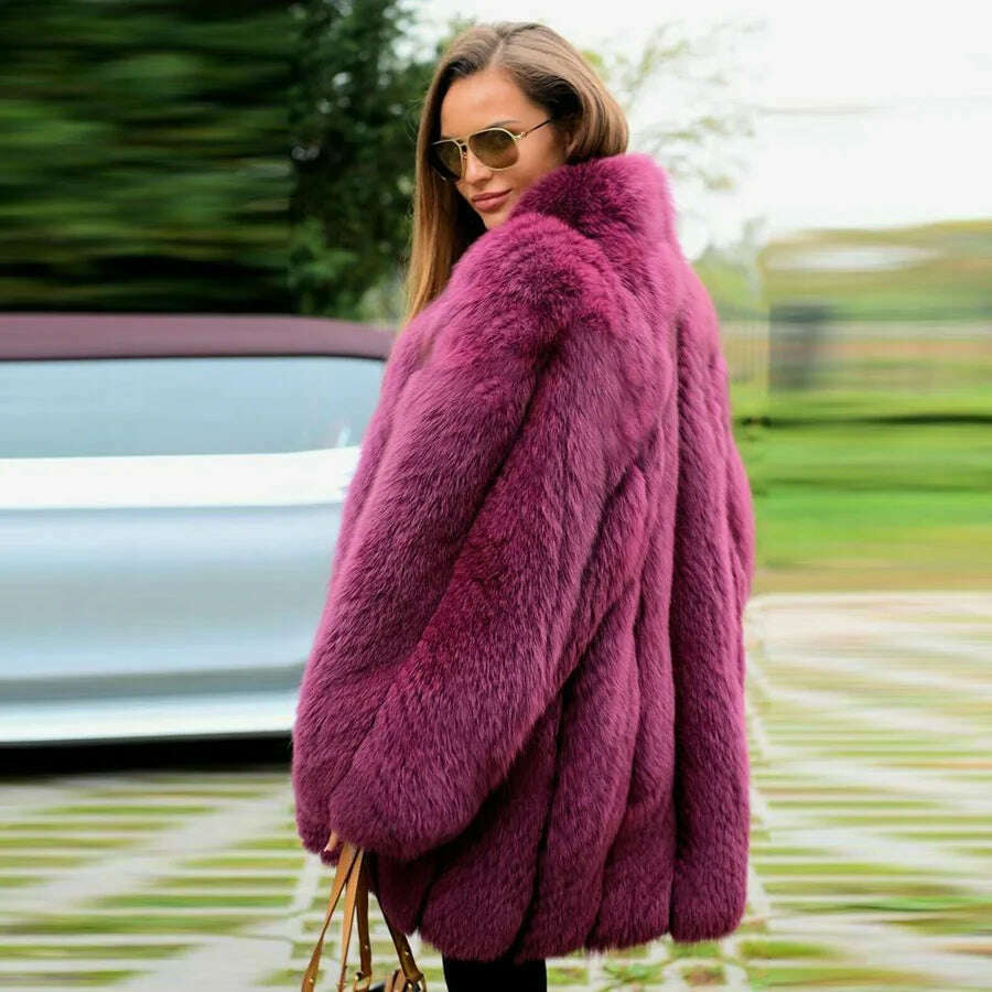 KIMLUD, BFFUR Fashion Purple Natural Fox Fur Coat Women Winter 2022 New Whole Skin Fox Fur Jackets Medium Length Thick Warm Fur Overcoat, KIMLUD Womens Clothes