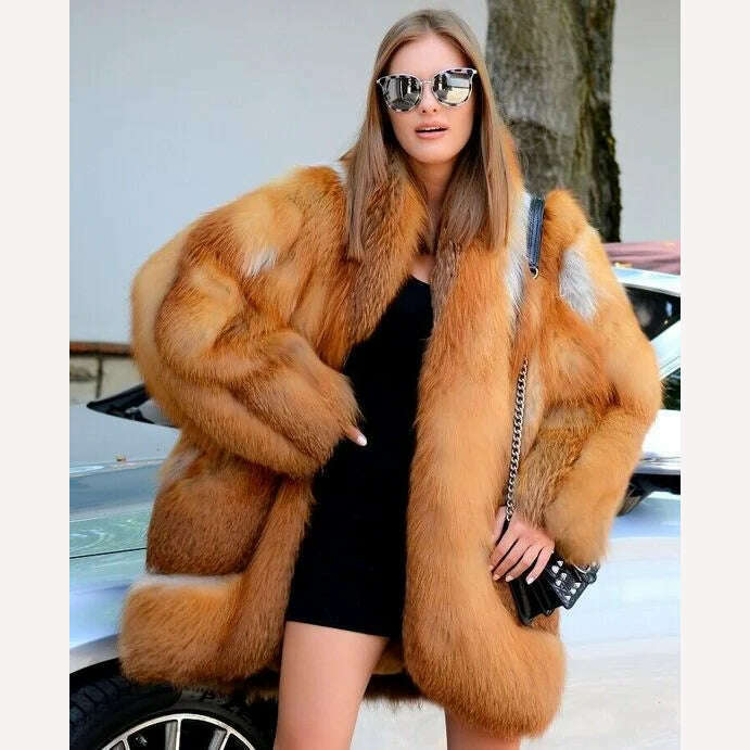 KIMLUD, BFFUR Luxury Fox Fur Coats Women Winter Outwear High Quality Genuine Fox Fur Jackets 90cm Long Whole Skin Fur Coat Natural Woman, KIMLUD Women's Clothes