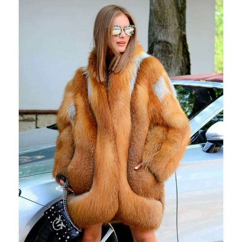 KIMLUD, BFFUR Luxury Fox Fur Coats Women Winter Outwear High Quality Genuine Fox Fur Jackets 90cm Long Whole Skin Fur Coat Natural Woman, as picture / S fur bust 88cm, KIMLUD Womens Clothes