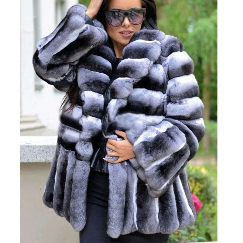 KIMLUD, BFFUR Real Fur Coat Rex Rabbit Whole Skin Real Fur Coats For Women Winter Sale Fashion Warm streetwear With Fur Hood Chinchilla, KIMLUD Women's Clothes