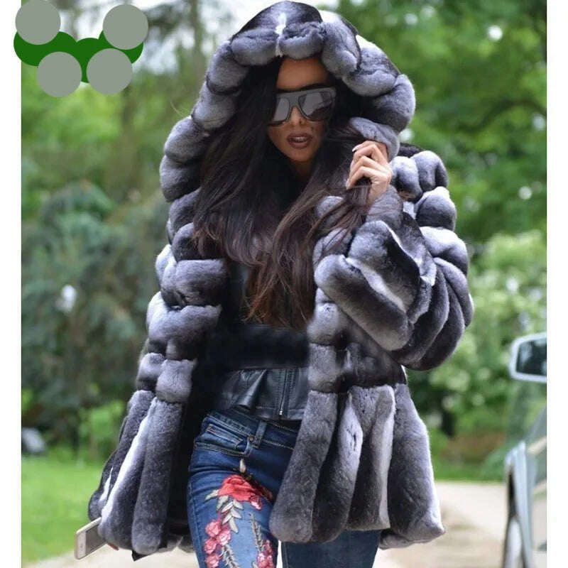 KIMLUD, BFFUR Real Fur Coat Rex Rabbit Whole Skin Real Fur Coats For Women Winter Sale Fashion Warm streetwear With Fur Hood Chinchilla, KIMLUD Women's Clothes