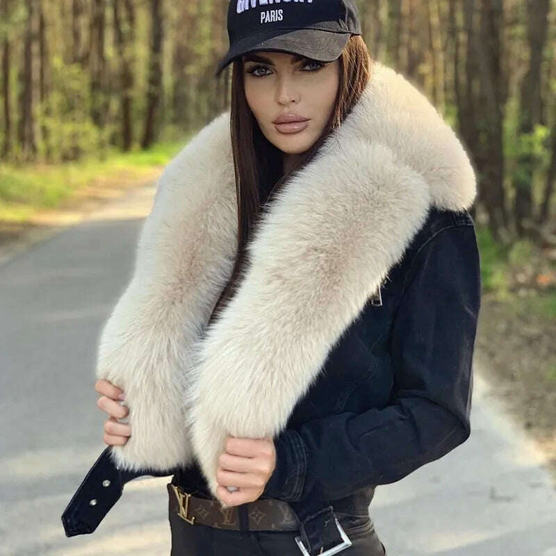 KIMLUD, BFFUR Real Fur Coats Women Winter 2022 New Denim Jacket With Big Fox Fur Trun-down Collar Overcoats Luxury Natural Fur Outwear, KIMLUD Women's Clothes