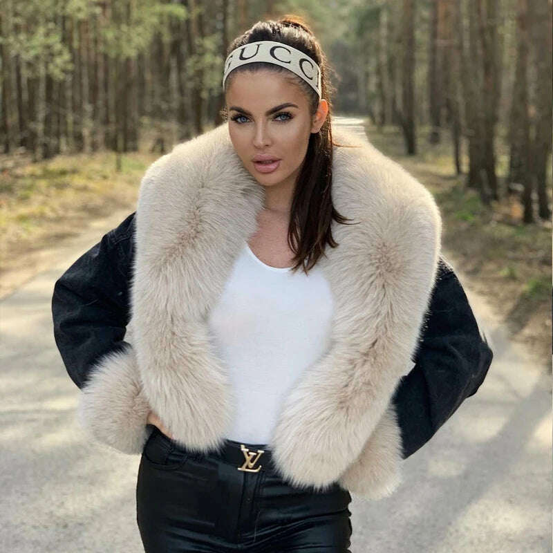KIMLUD, BFFUR Real Fur Coats Women Winter 2022 New Denim Jacket With Big Fox Fur Trun-down Collar Overcoats Luxury Natural Fur Outwear, KIMLUD Womens Clothes