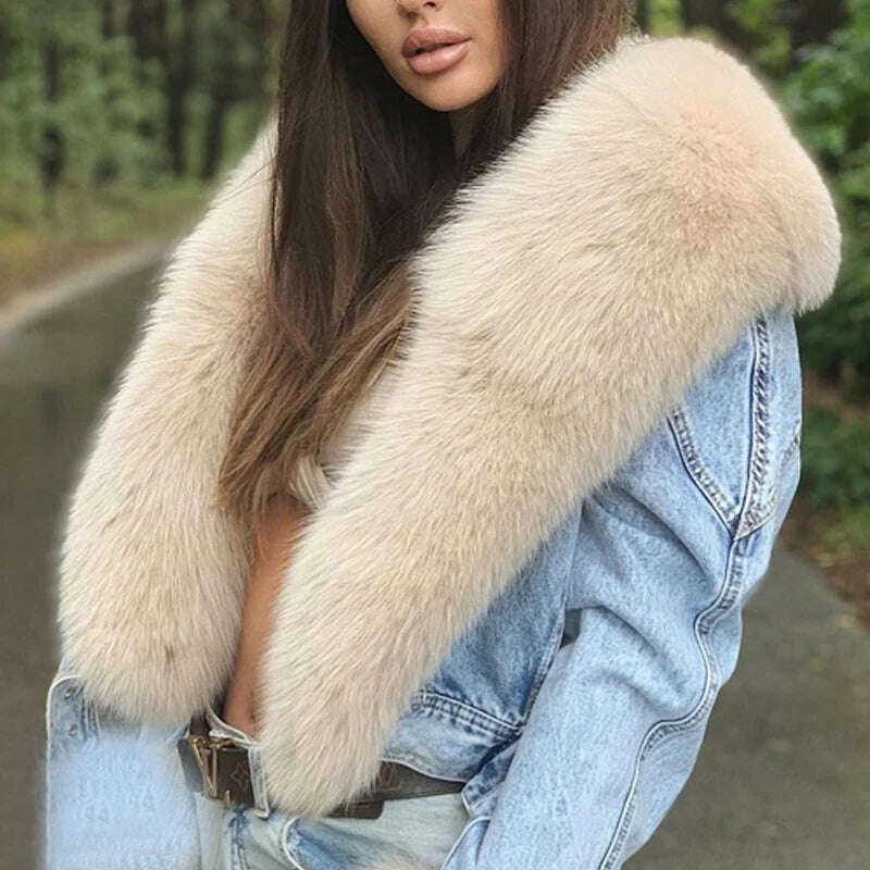 KIMLUD, BFFUR Real Fur Coats Women Winter 2022 New Denim Jacket With Big Fox Fur Trun-down Collar Overcoats Luxury Natural Fur Outwear, no sleeve cuff / S fur bust 88cm, KIMLUD Womens Clothes