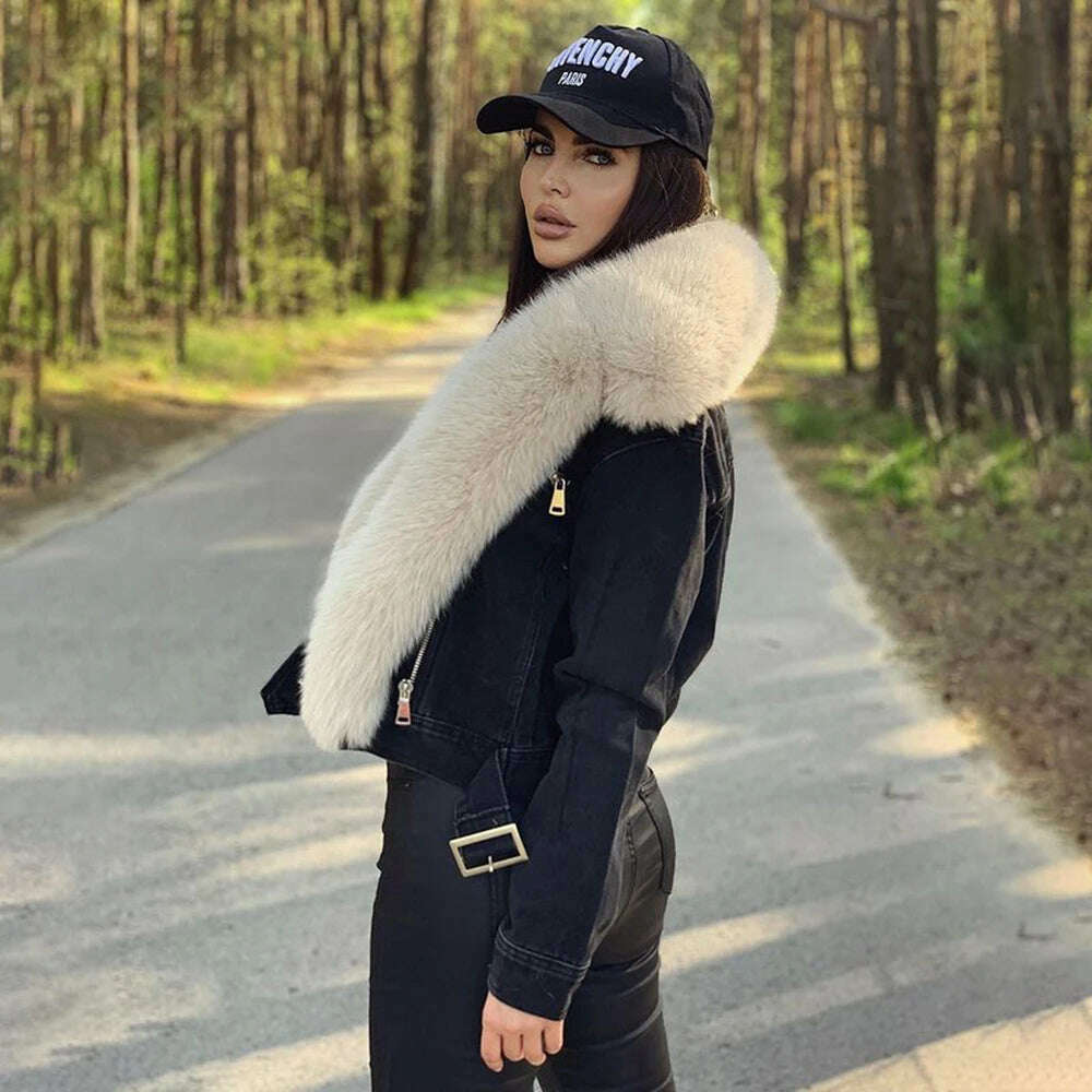 KIMLUD, BFFUR Real Fur Coats Women Winter 2022 New Denim Jacket With Big Fox Fur Trun-down Collar Overcoats Luxury Natural Fur Outwear, KIMLUD Womens Clothes