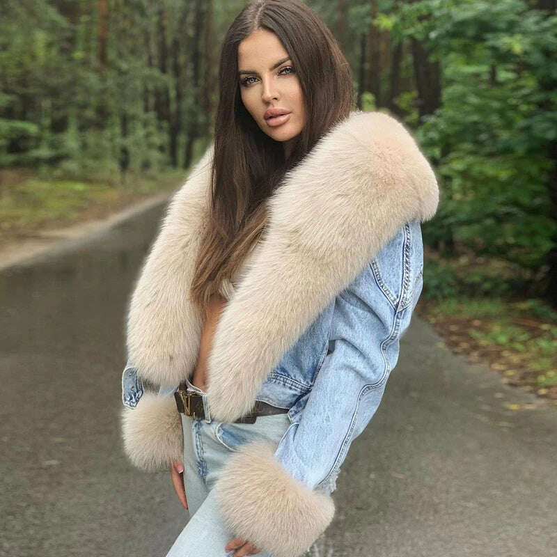 KIMLUD, BFFUR Real Fur Coats Women Winter 2022 New Denim Jacket With Big Fox Fur Trun-down Collar Overcoats Luxury Natural Fur Outwear, KIMLUD Womens Clothes