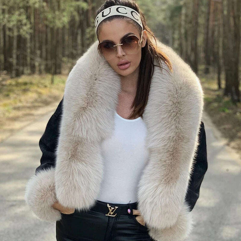KIMLUD, BFFUR Real Fur Coats Women Winter 2022 New Denim Jacket With Big Fox Fur Trun-down Collar Overcoats Luxury Natural Fur Outwear, KIMLUD Womens Clothes
