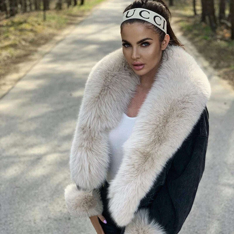 KIMLUD, BFFUR Real Fur Coats Women Winter 2022 New Denim Jacket With Big Fox Fur Trun-down Collar Overcoats Luxury Natural Fur Outwear, KIMLUD Womens Clothes