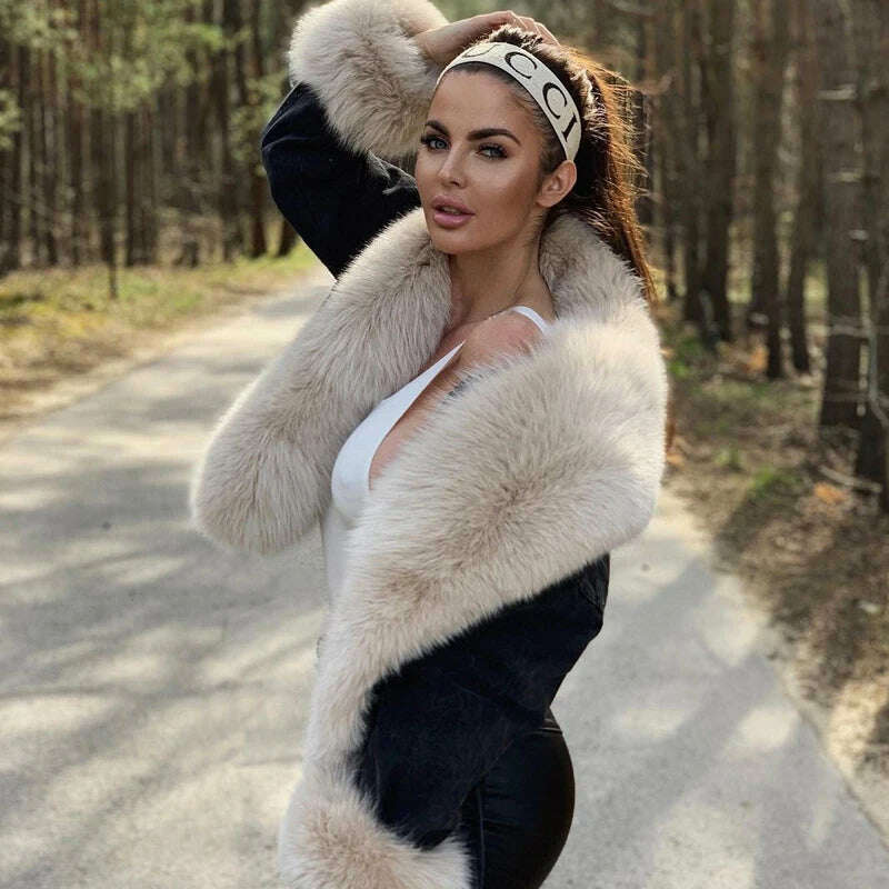 KIMLUD, BFFUR Real Fur Coats Women Winter 2022 New Denim Jacket With Big Fox Fur Trun-down Collar Overcoats Luxury Natural Fur Outwear, KIMLUD Womens Clothes