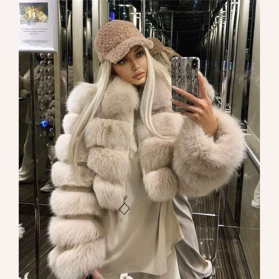 KIMLUD, BFFUR Short Real Fox Fur Coats Women 2022 Winter Fashion Natural Whole Skin Genuine Fox Fur Jackets With Fur Collar Overcoats, Beige / S bust 88cm, KIMLUD Womens Clothes