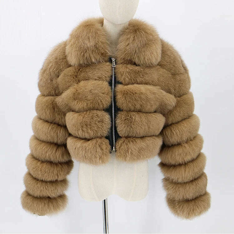 KIMLUD, BFFUR Short Real Fox Fur Coats Women 2022 Winter Fashion Natural Whole Skin Genuine Fox Fur Jackets With Fur Collar Overcoats, Khaki / S bust 88cm, KIMLUD Women's Clothes