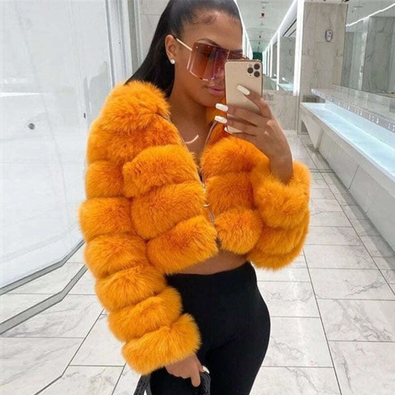 KIMLUD, BFFUR Short Real Fox Fur Coats Women 2022 Winter Fashion Natural Whole Skin Genuine Fox Fur Jackets With Fur Collar Overcoats, Orange / S bust 88cm, KIMLUD Womens Clothes