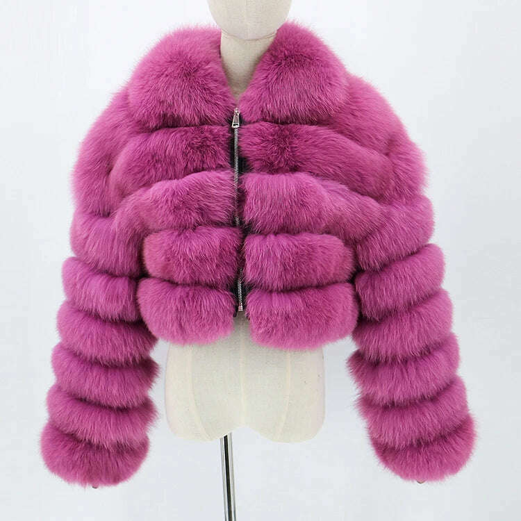 KIMLUD, BFFUR Short Real Fox Fur Coats Women 2022 Winter Fashion Natural Whole Skin Genuine Fox Fur Jackets With Fur Collar Overcoats, Rose Red / S bust 88cm, KIMLUD Women's Clothes