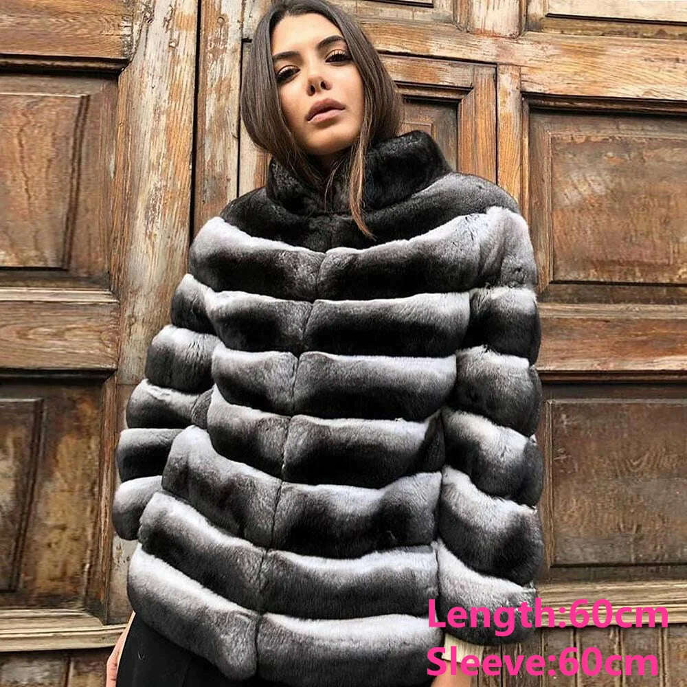 KIMLUD, BFFUR Winter Short Rex Rabbit Fur Jackets With Collar Natural Full Pelt Rabbit Fur Coats For Women Chinchilla Color Overcoats, 259 1 / S fur bust 88cm, KIMLUD Women's Clothes